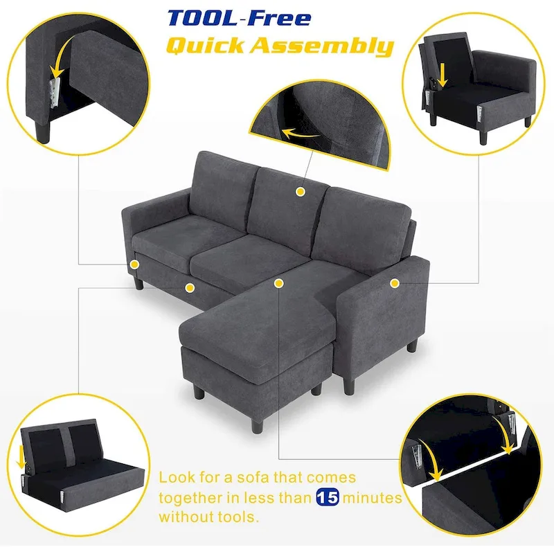 Linen Upholstered L-Shaped Sectional Sofa with Reversible Chaise - Modern Style