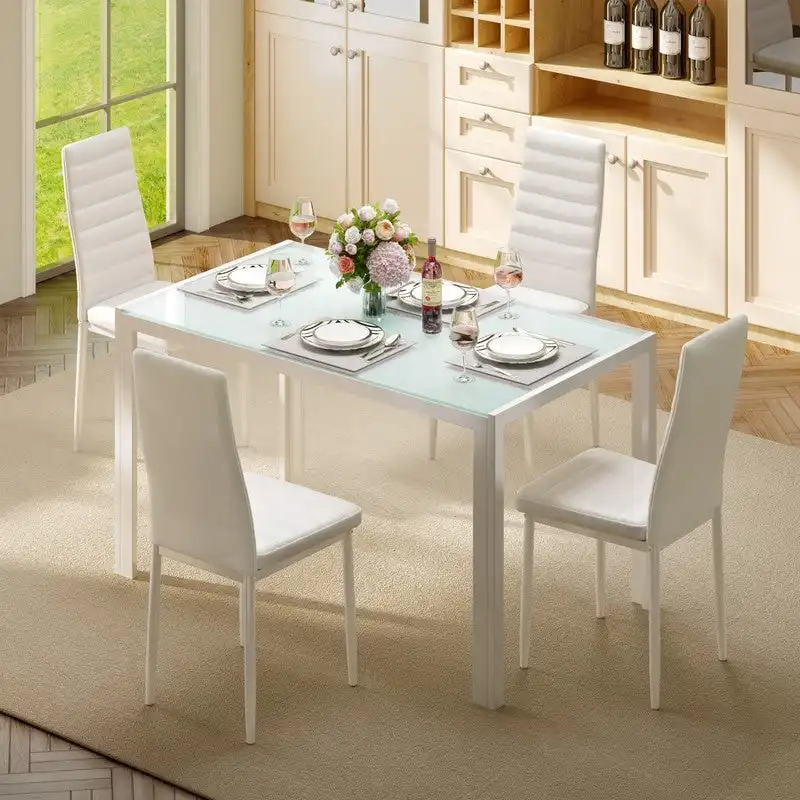 5 Pieces Glass Dining Table Set, 4 Person Modern Home Kitchen Chairs with High Back PU Leather Dining Chairs