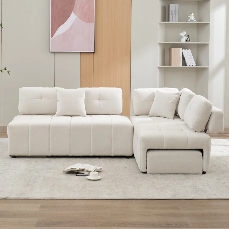 91.73 L-Shaped 4-Seat Sectional Sofa with 2 Hidden Stools, 2 Removable Lumbar Cushions, and Durable Chenille Fabric
