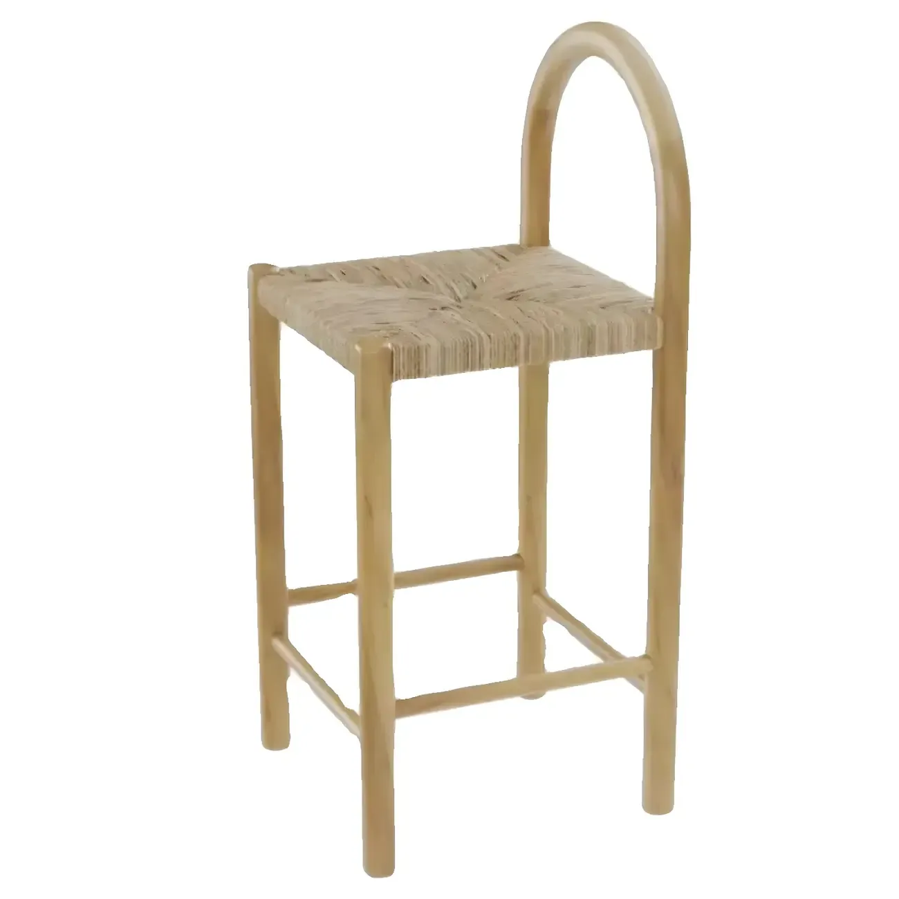 Rustic Wood Natural Rattan Bar Stool with Footrest