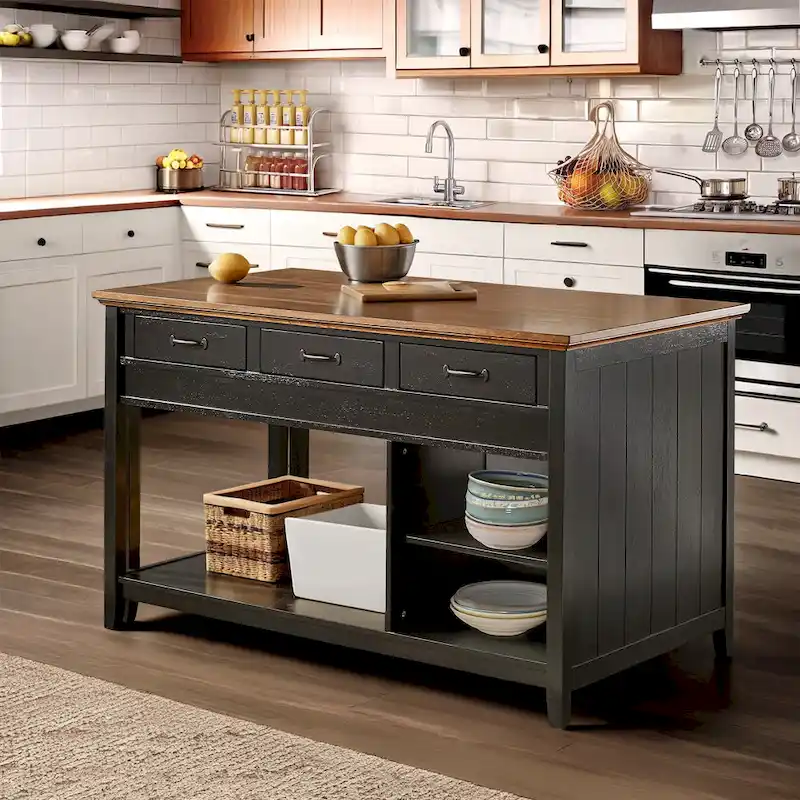 Antique Grey / Black / White Extendable Kitchen Island with 3 Drawers, Seats 2–4