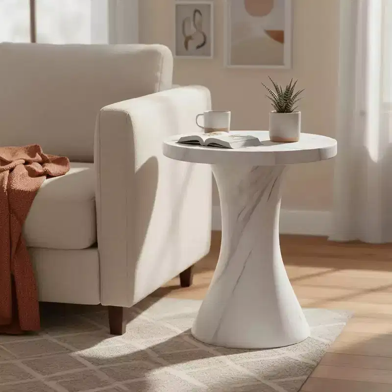 LeisureMod Isidra 19 Round Fiberstone Side Table with Marble-Inspired Finish and Flared Pedestal Base for Living Rooms, Patios, or Lounge Spaces