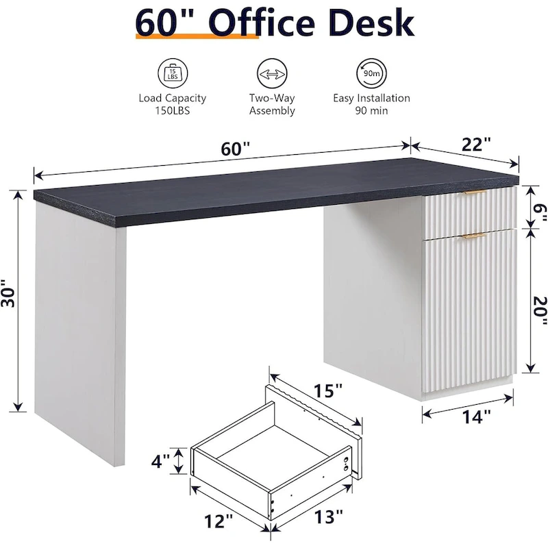 60  Modern Executive Desk, Wood Home Office Desk, Fluted Computer Desk