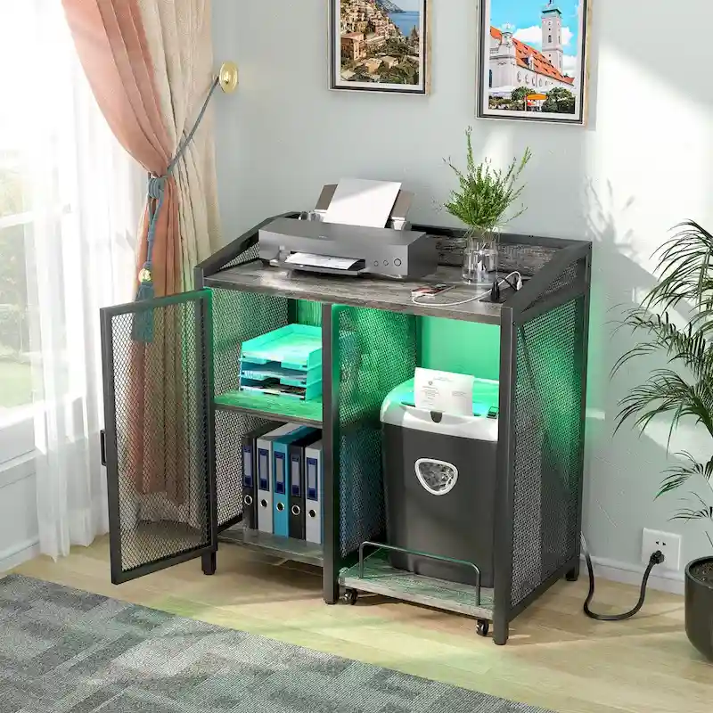 Grey Oak / Brown / Black Storage Cabinet with Power Outlet & USB Ports, 1-Person Use