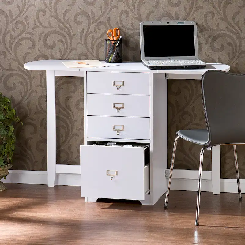 Drop-Leaf Fold-Out Desk with 4 Drawers – White / Gray / Black / Turquoise