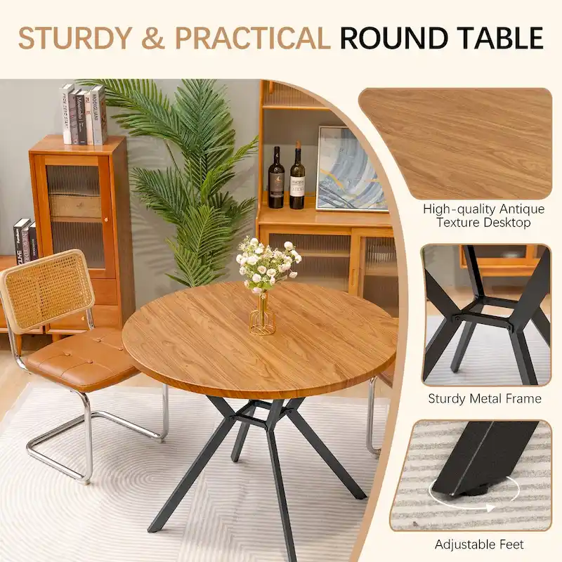 Grondin Modern Farmhouse Style 38.6 Round Dining Table with 1.18  Thick MDF Tabletop and Pedestal Cross Metal Legs