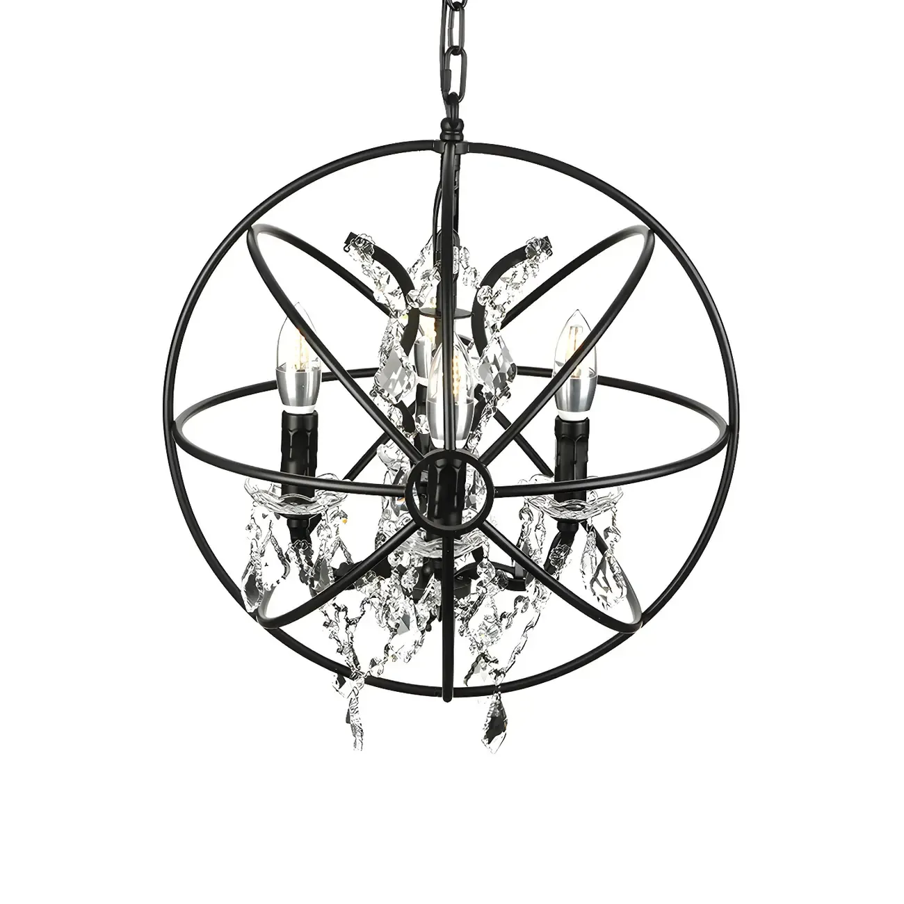 4-Light Industrial Black Iron Chandelier with Crystal