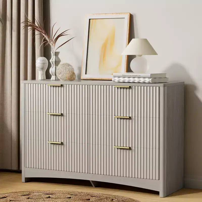 6-drawer dressing table, rounded drawer slot wooden box, dressing table TV stand, and storage rack for bedroom and hallway, gray
