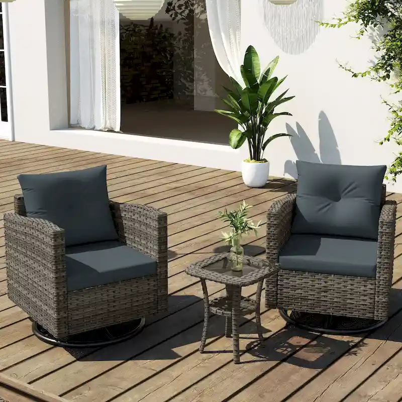 Outdoor 3-piece Swivel Chair Cushioned Rattan Conversation Set