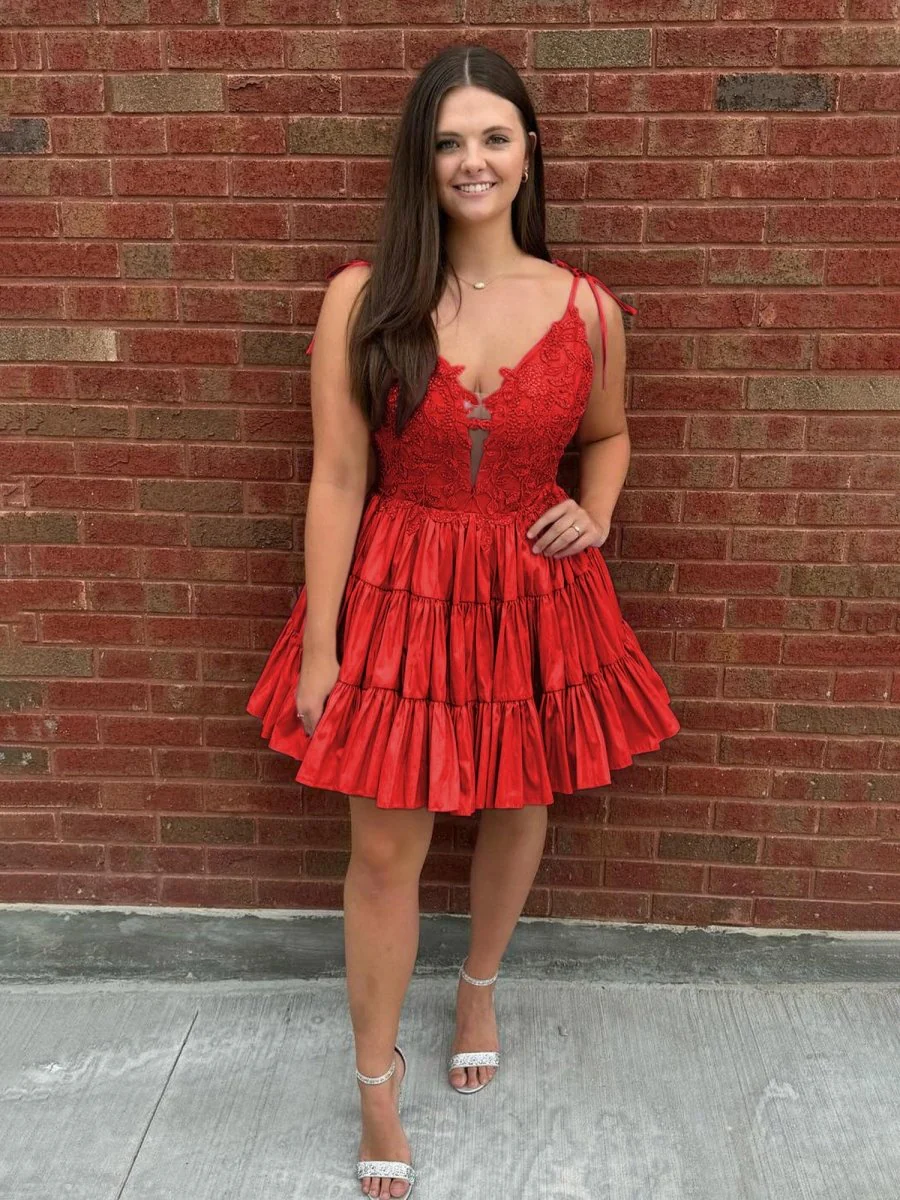 Red - V Neck Satin A Line Ruffles Homecoming Dresses With Appliques