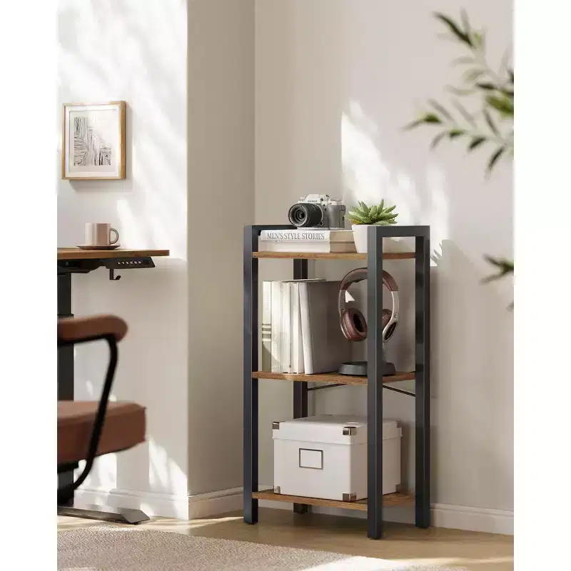 3-Tier Industrial Bookshelf with Sturdy Steel Frame, Rustic Brown & Ink Black - 9.4 x 15.7 x 30.1 Inches, Multi-Functional Storage Shelf