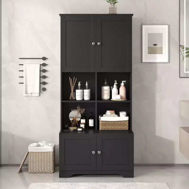 Okak Tall Freestanding Bathroom Cabinet with 4 Doors & 4 Open Shelves,Floor Storage Cabinet Unit for Bathroom,Kitchen