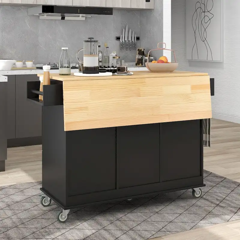 52.7 Rolling Mobile Kitchen Island with Solid Wood Top