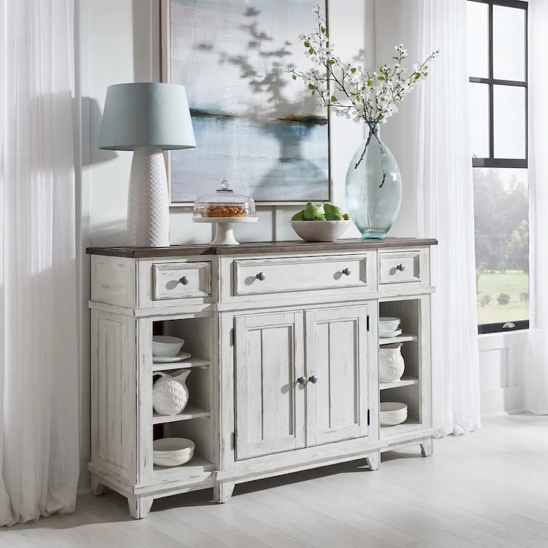 White & Grey Distressed Pine Breakfront Server – 1 Piece