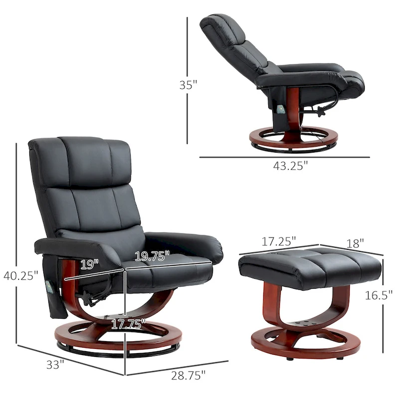 Black 28.8 High Back Swivel Recliner Chair with Ottoman