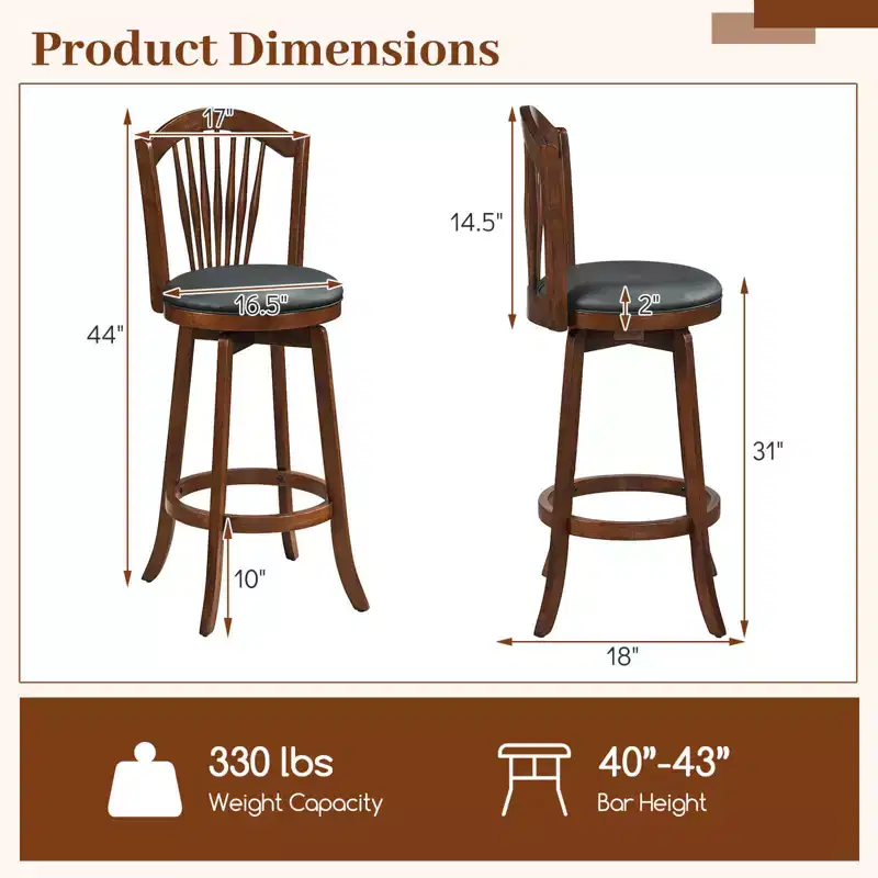 Costway Swivel Bar Stools Set of 2/4, 31 Bar Height Barstools with Backrests & Wood Frame Brown