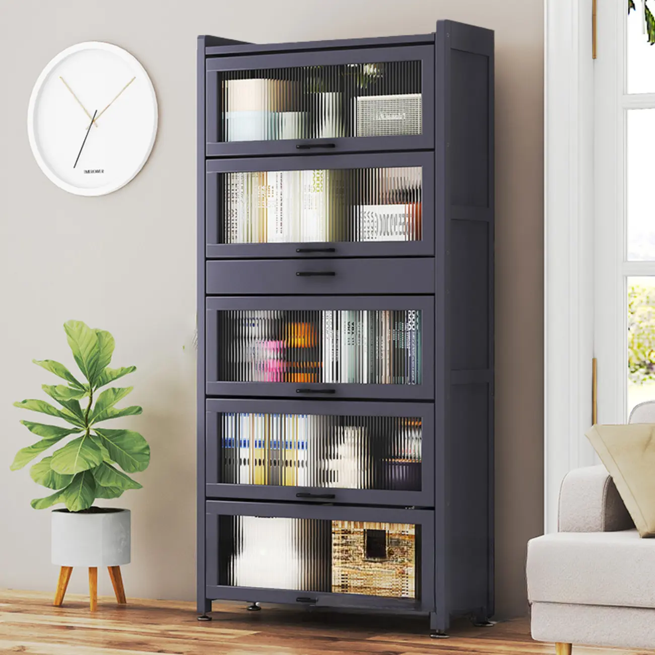 Narrow Gray Timber 5-Tier Storage Bookcase with Doors