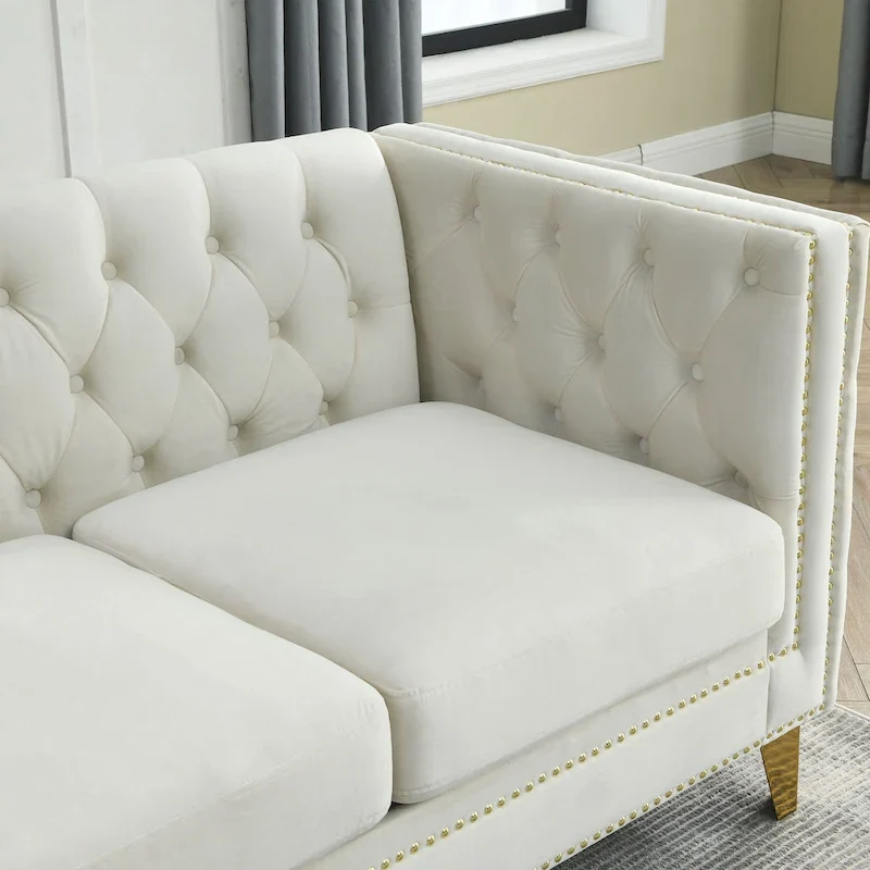 2-Pieces Velvet Upholstered 3 Seat Sofa, Classic Chesterfield Couch Buttons Tufted Square Arm Sofa with Nailheads and Metal Legs