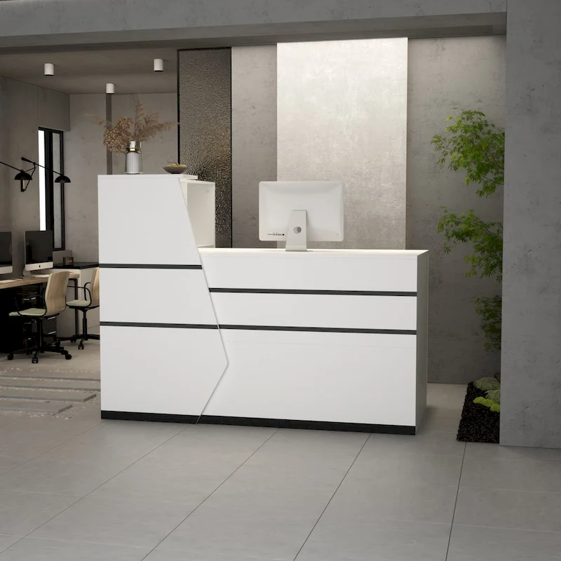 Timechee Reception Desk L-Shaped Counter w/ Lockable Storage, White