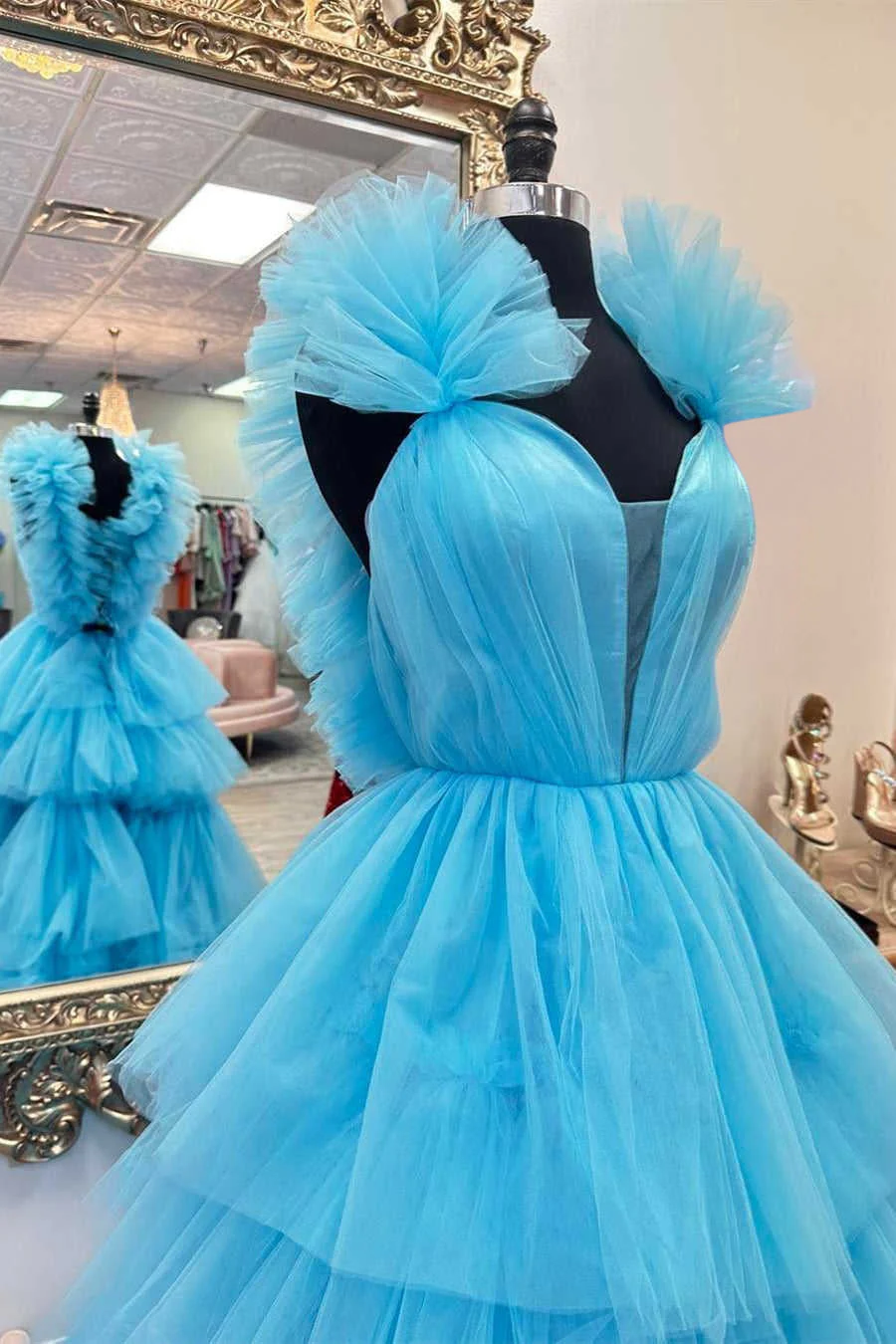 Sky Blue Ruffle Straps A-Line Tiered Prom Dress