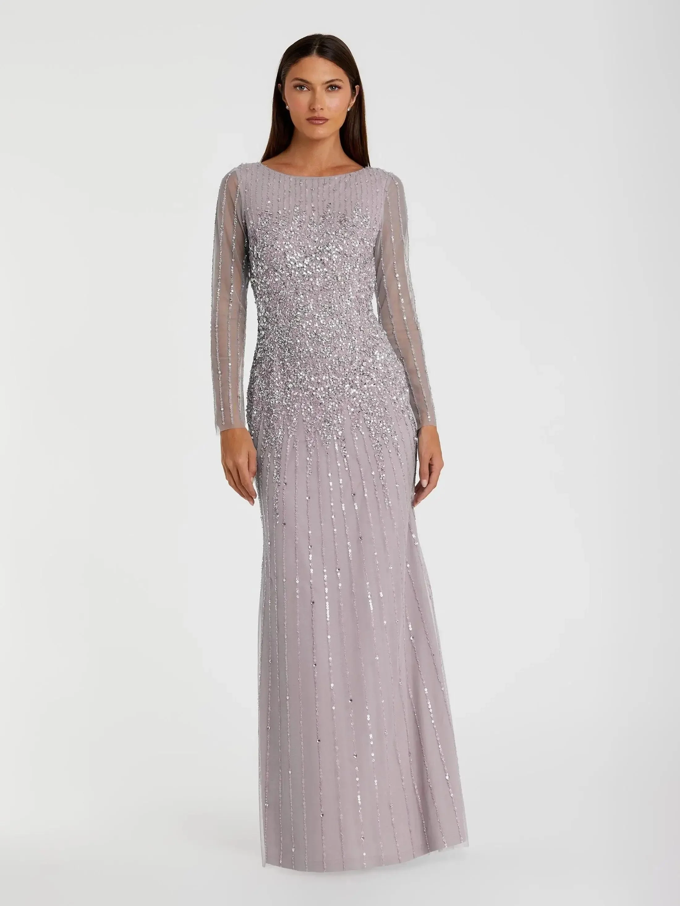 High Neck Sequin Embellished Long Sleeve A Line Gown