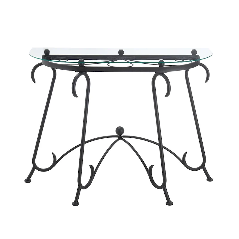 Clear Tempered Glass Half-Moon Side Table, Black Metal Frame, 1-Person