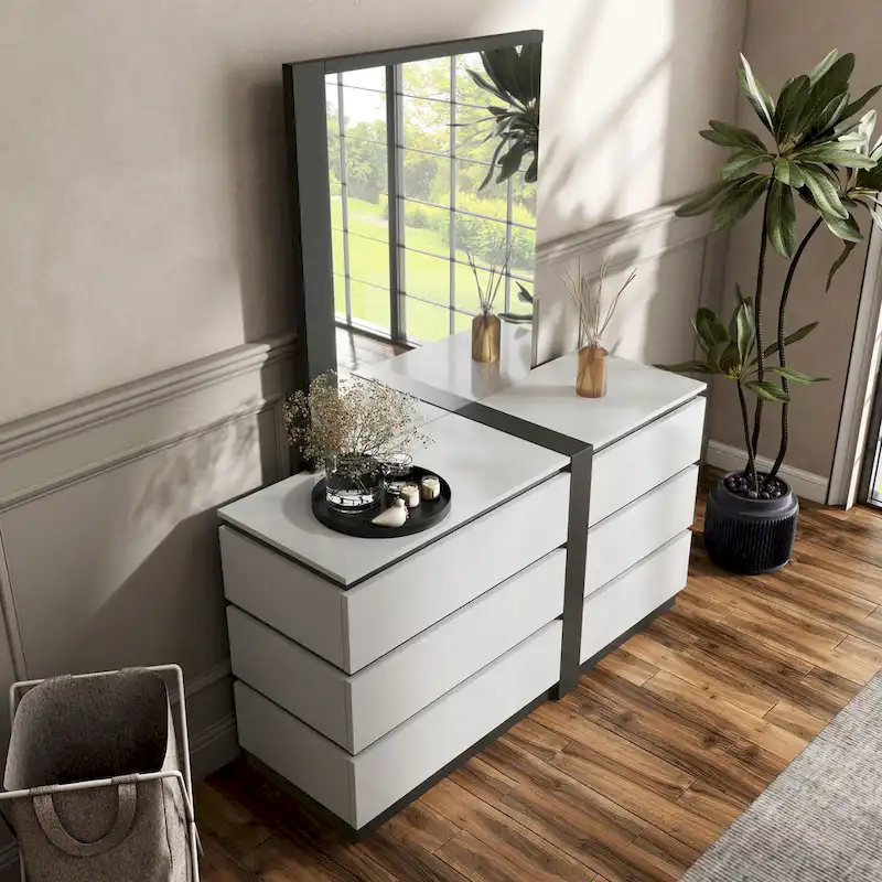 White & Metallic Gray 6-Drawer Dresser with Mirror Set (2-Piece)