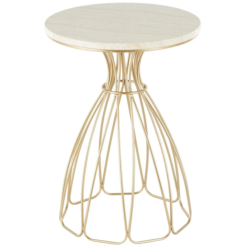 Metal Flower Inspired Side End Accent Table with Cream Marble Tabletop - Gold -