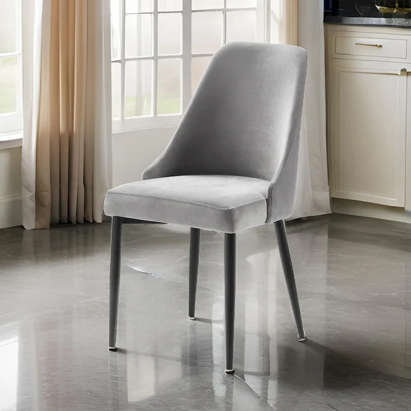 19 Inch Side Dining Chairs Set of 2, Tall Curved Back, Gray Velvet, Black Metal