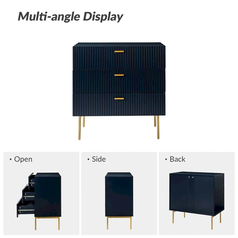 3-Drawer Nightstand with Metal Legs, Set of 2