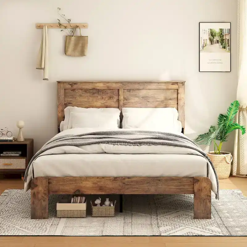 Dark Brown Industrial Style Queen Platform Bed Frame, 1-Person