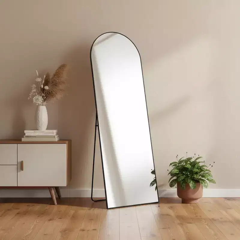HomeRoots 63 Black Metal Arch Freestanding and Wall Mount Framed Full Length Mirror