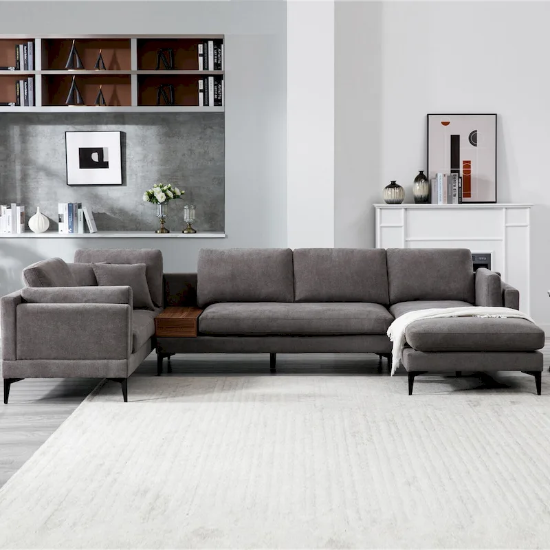 Modular U-shaped Linen Reversible Sofa with a Wooden Side Table Box and Reversible Design