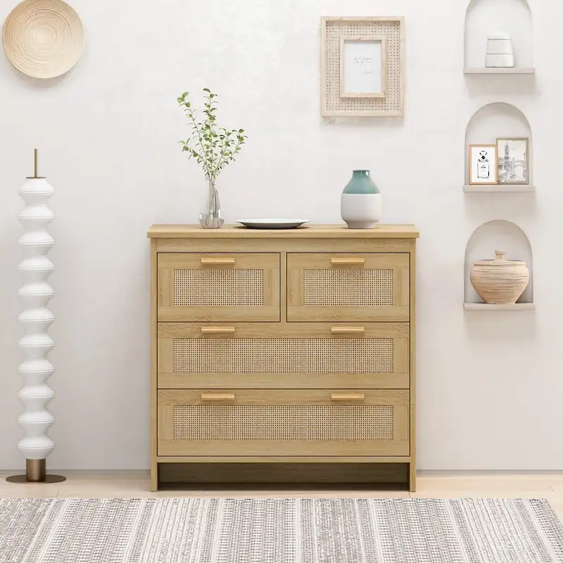 4-Drawer Rattan Dresser with Wood Frame, Natural / Black, 1-Person