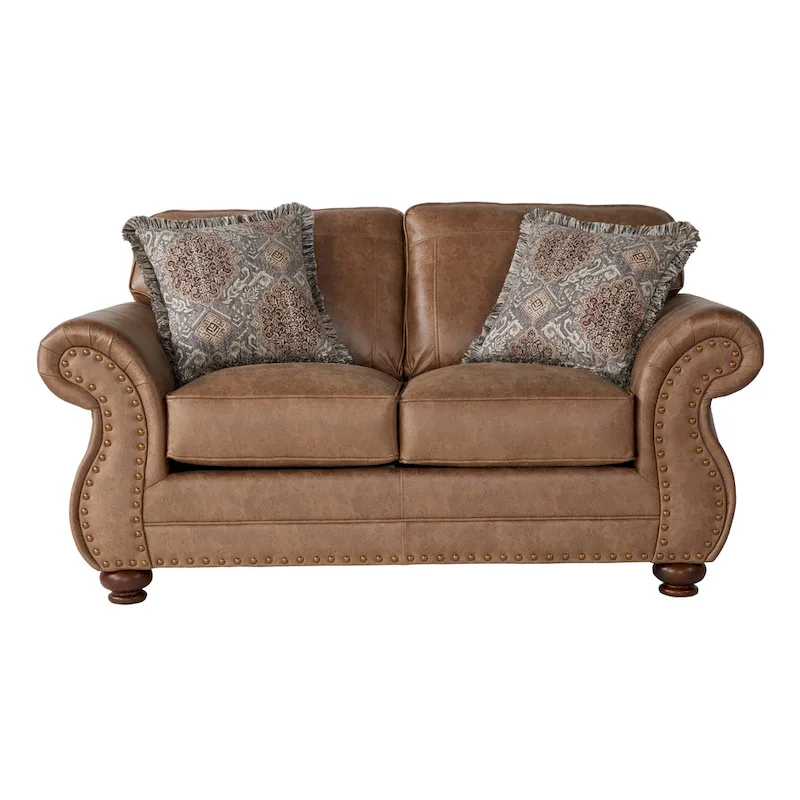 Roundhill Furniture Leinster Brown Fabric Nailhead Trim Sofa and Loveseat