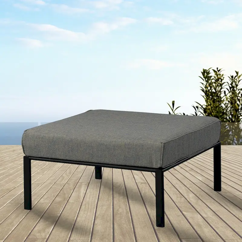 Patio Furniture Set: Armless Chair, Arm Chair, and Ottoman in Gray Fabric & Black Finish