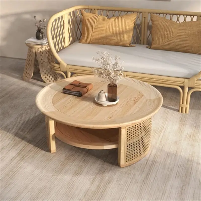 JASIWAY 2-Tiered Round Wood Coffee Table with Rattan Base