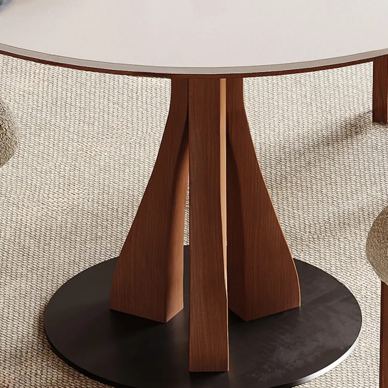 Mid-Century Modern White Stone Brown Wood Round Dining Table