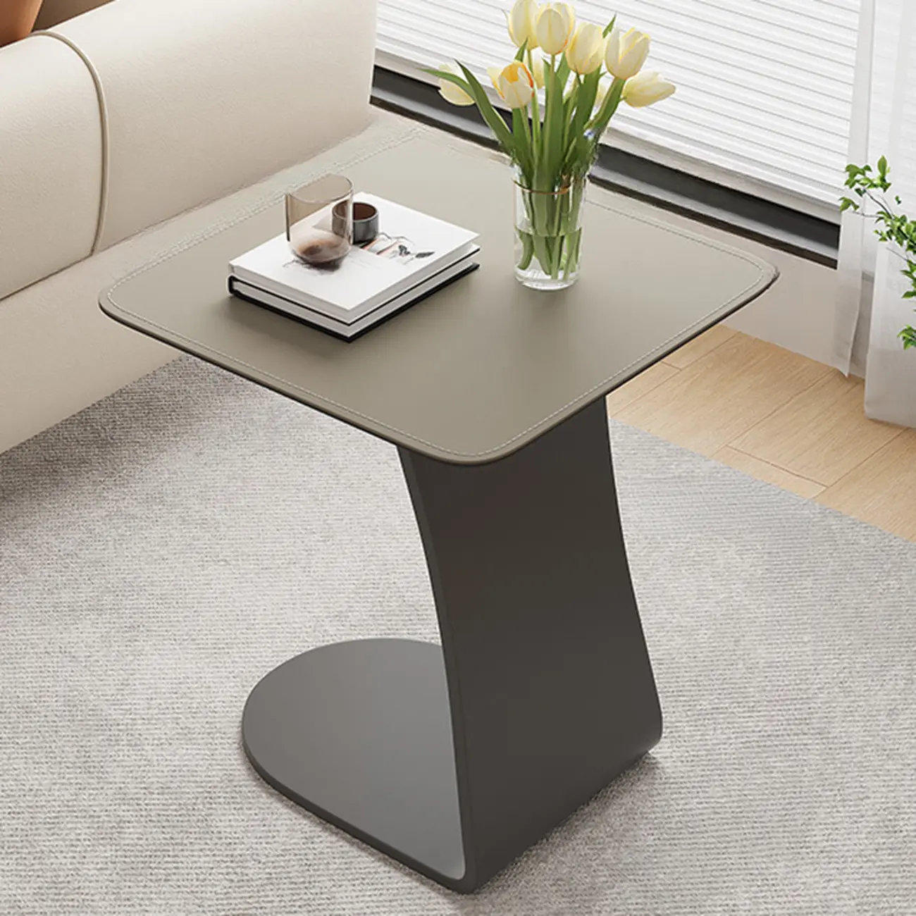HomeyFad Square Leather Top C-Shape Metal Side Table
