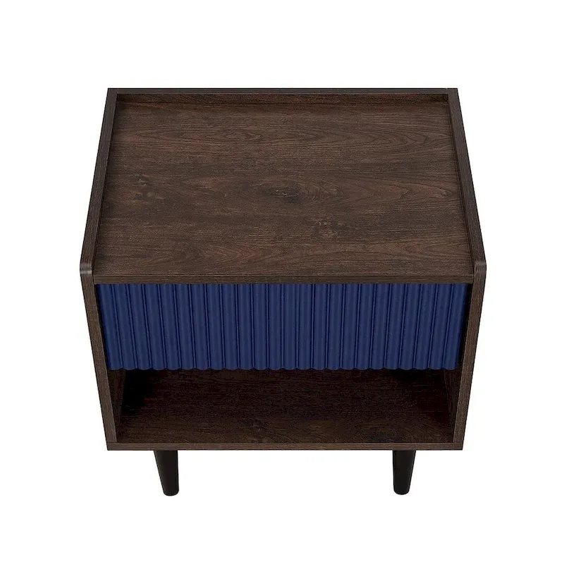 Navy Blue / Black Mid-Century Modern Ribbed Nightstand with Drawer and Open Shelf – 1-Person