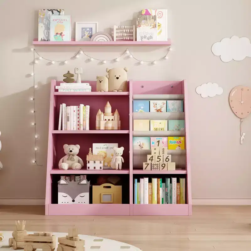 Whisen 4-Tier Kids Bookshelf, Sturdy Engineered Wood, 3 Deep Sling Storage, Boosts Reading & Organization
