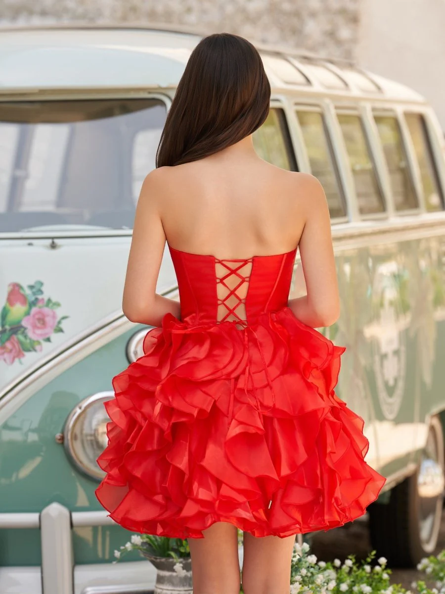 Red - A Line Strapless Corset Ruffles Short Homecoming Dresses with Bows