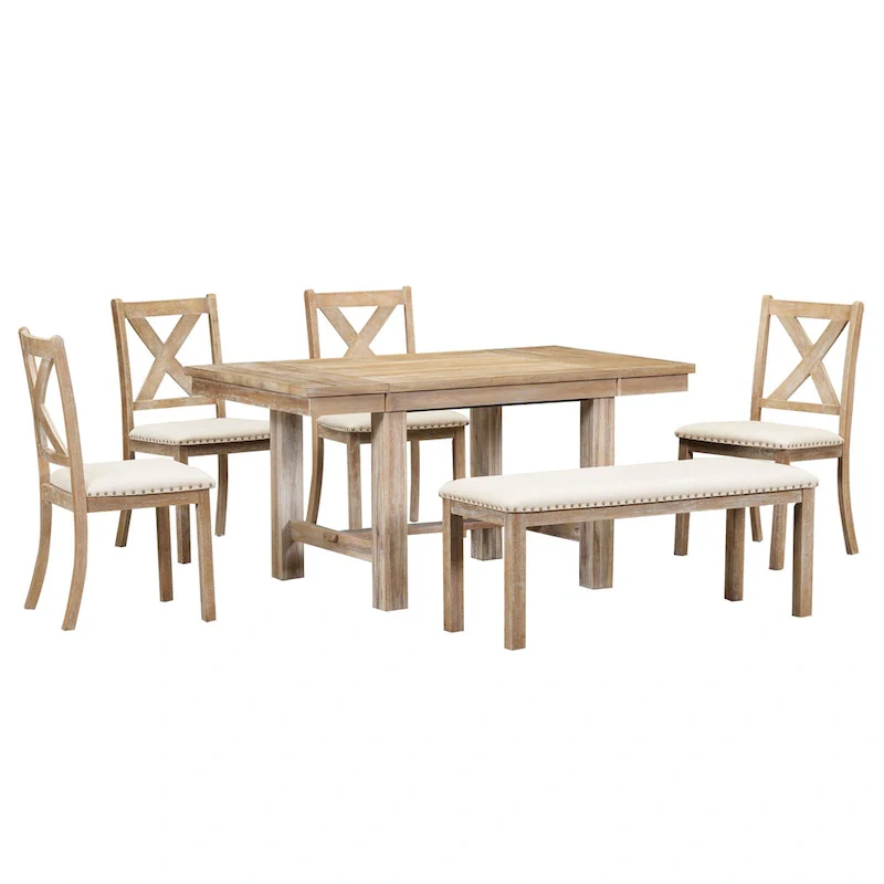 Farmhouse 6-Piece Wooden Dining Table Set with Extendable Table & 4 Chairs