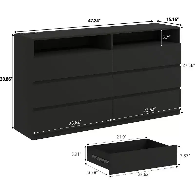Dyonery 6-Drawer Double Dresser with LED Lights, Wide Storage Chest with Open Shelving,White