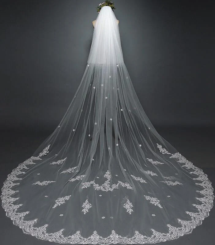 White Cathedral Veil with Blusher Lace Applique Long Wedding Veil