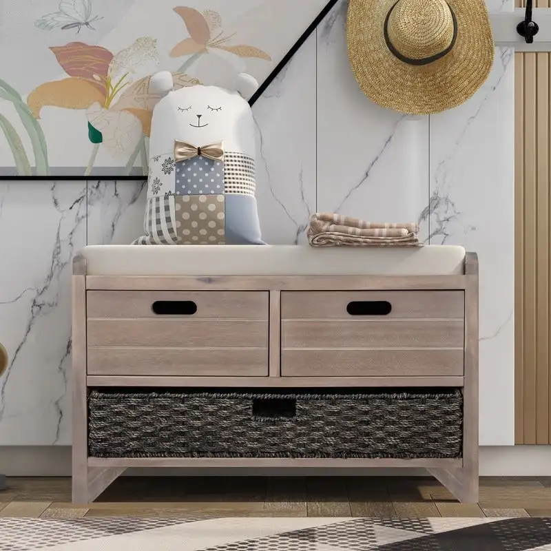 White Washed / Farmhouse Style / 1-Person Entry Storage Bench with Cushion, 2 Drawers & Basket