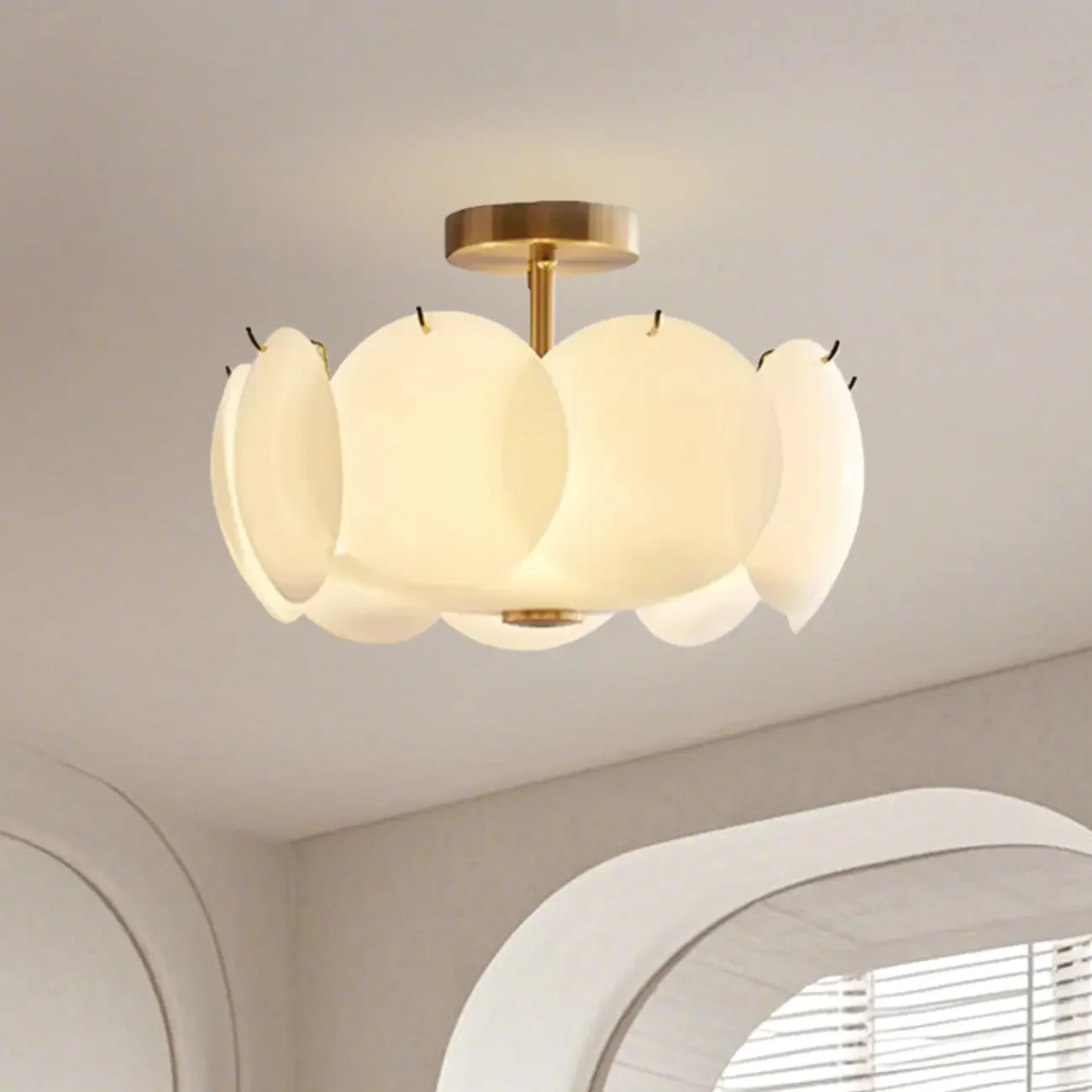 White Circle Glass Gold Semi Flush Mount Ceiling Light
