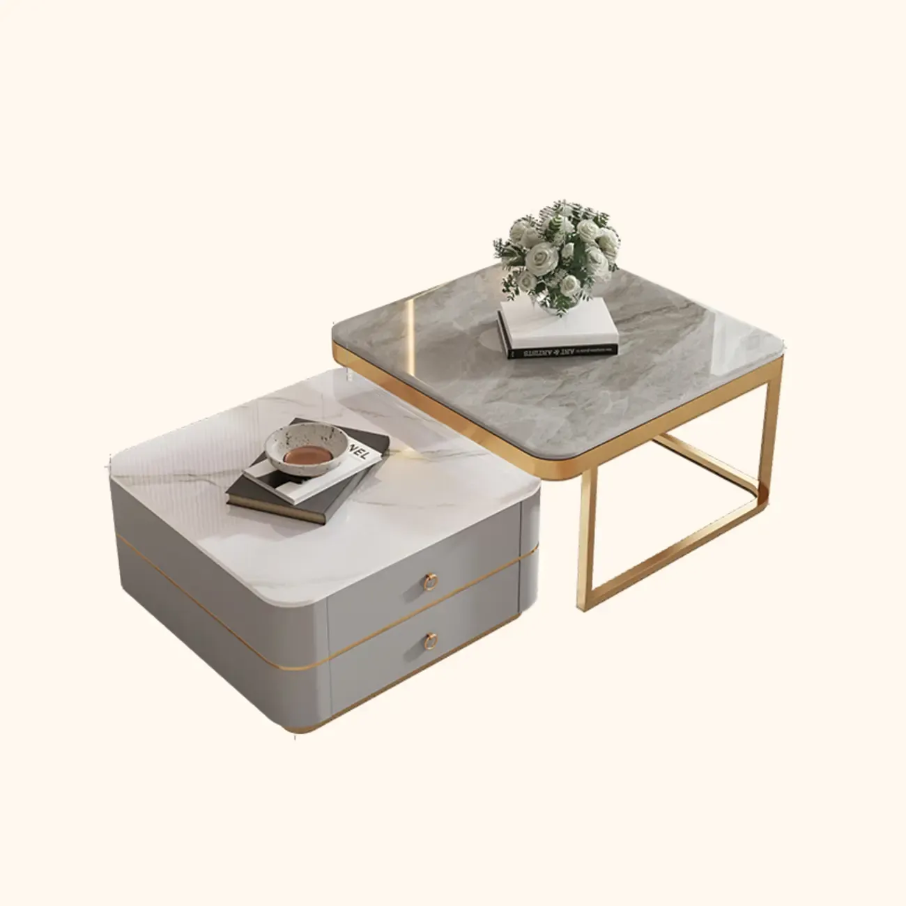 Modern Rectangular Marble Coffee Table Set with Drawers