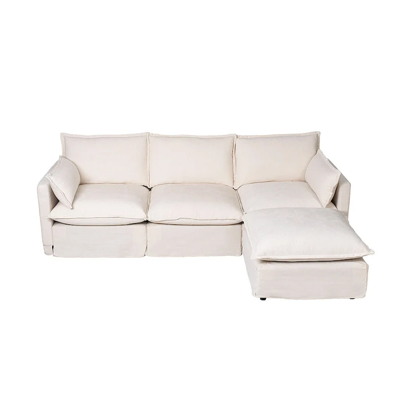 93.31  Faux Linen Modular Sectional Sofa with Movable Ottoman, Solid Wood Frame, and High-Resilience Foam Cushions
