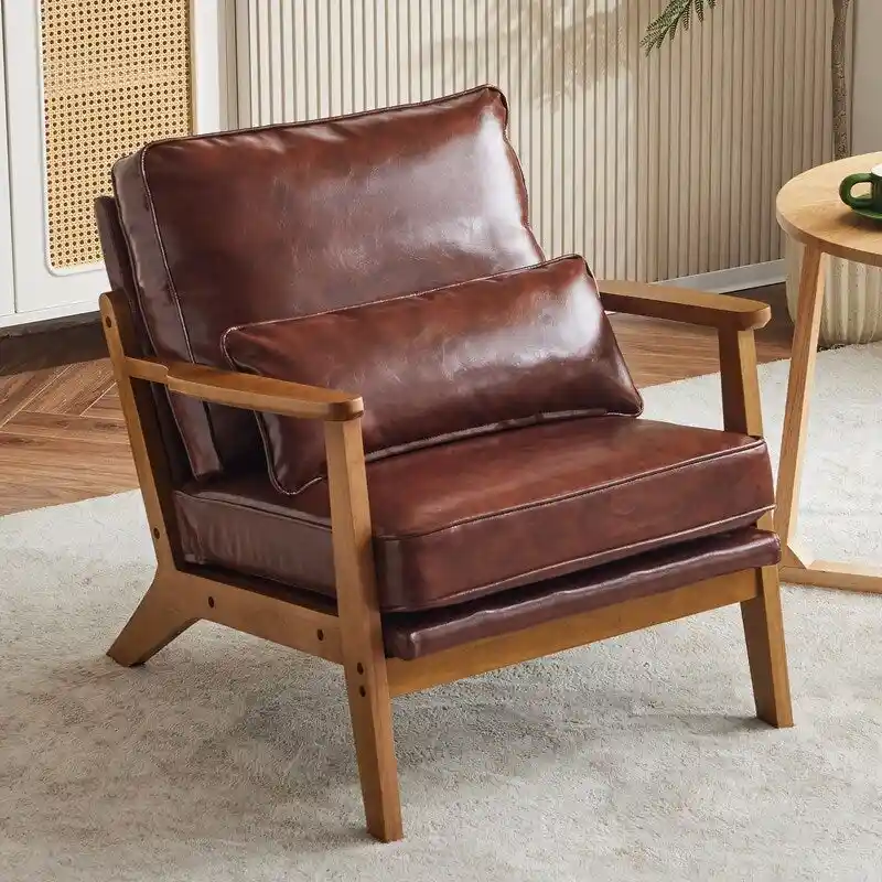 Upholstered Linen Blend Accent Chair with Wooden Legs and Pillow, Beige